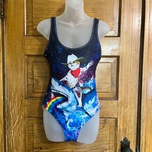 Cowboy Cat Riding Shark Puking Rainbows Swimsuit!
